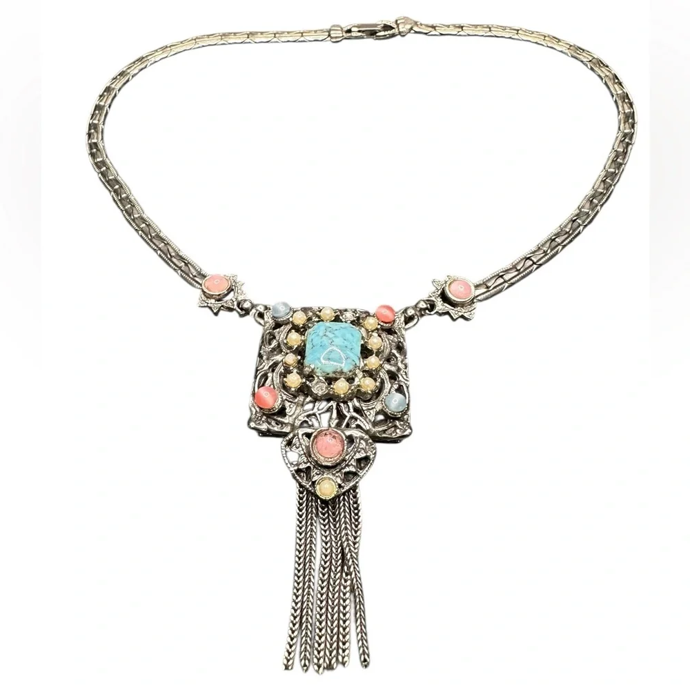 Vintage Etruscan Choker Necklace Tassel Heart Silver Tone Unsigned MCM Statement
